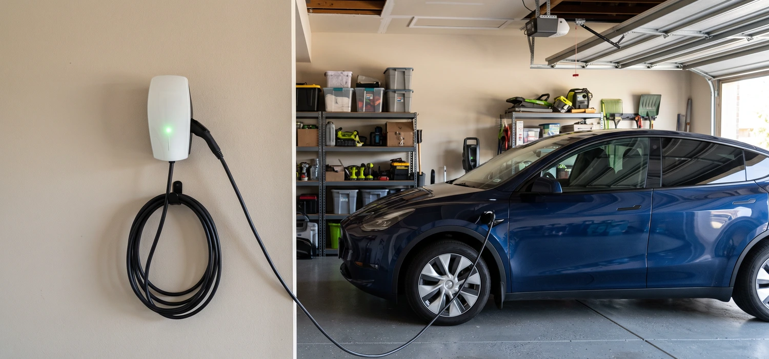 Level 2 EV charger installed on garage wall in Dallas, TX home